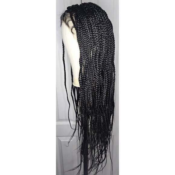 28 inch Long Boxed Braided Synthetic Wig Full Double Lace Black Braids HD Front - Picture 6 of 8